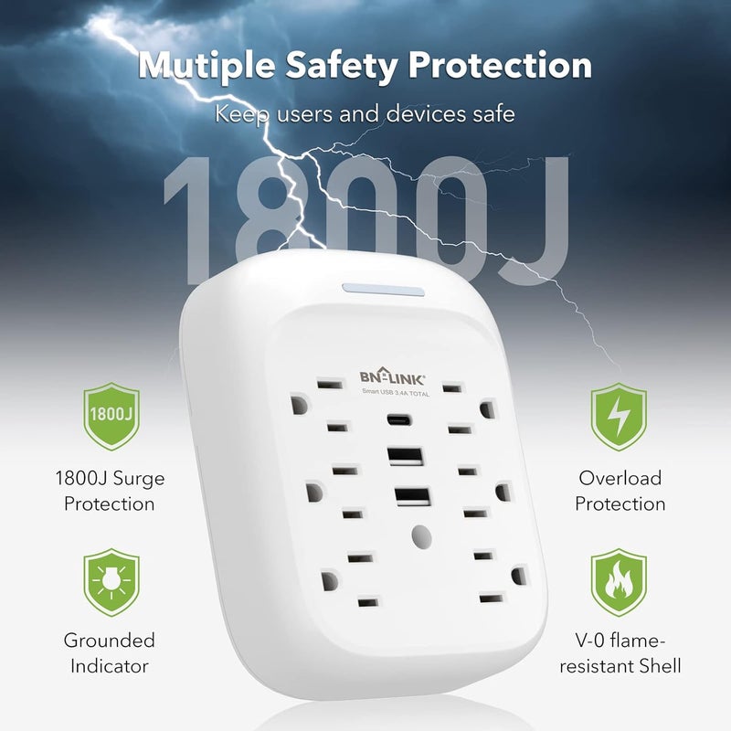 BN-LINK Surge Protector USB Wall 6 Outlet Extender with 3 USB Ports (USB C), Multi Plug Outlet Expander, Electrical Splitter for School, Travel, Office, Home, ETL Listed - Image 2
